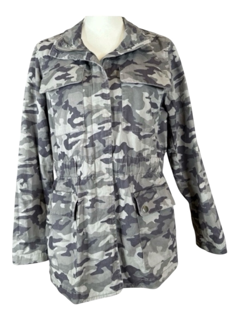 BANANA REPUBLIC Gray Camo Utility Jacket w/Wide Elastic Band At Waist, Size M.